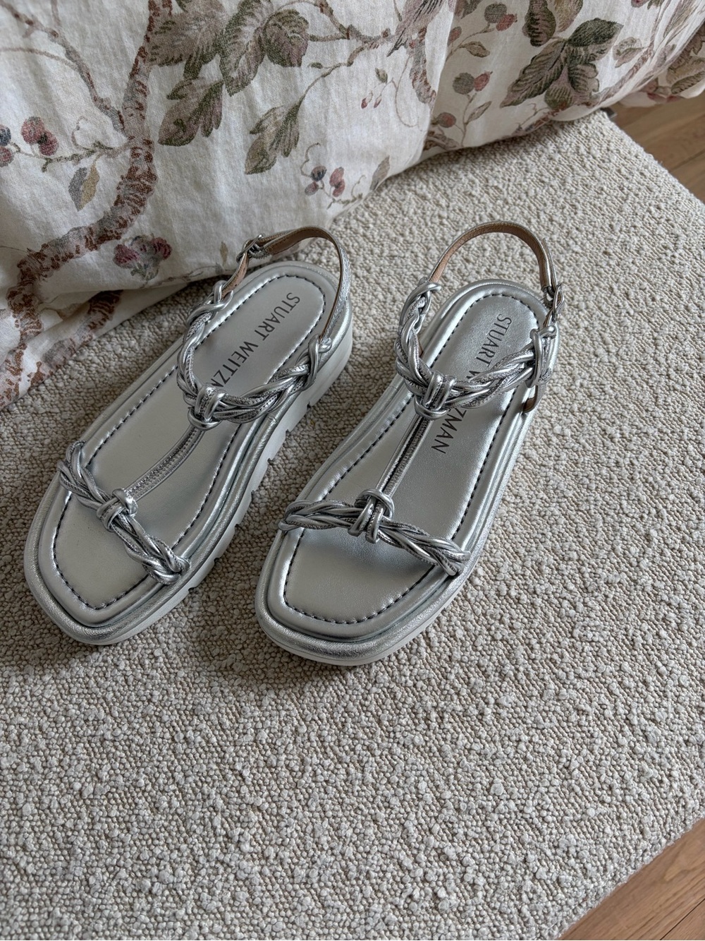 Stuart Weitzman Metallic Silver Braided Slingback Sandals